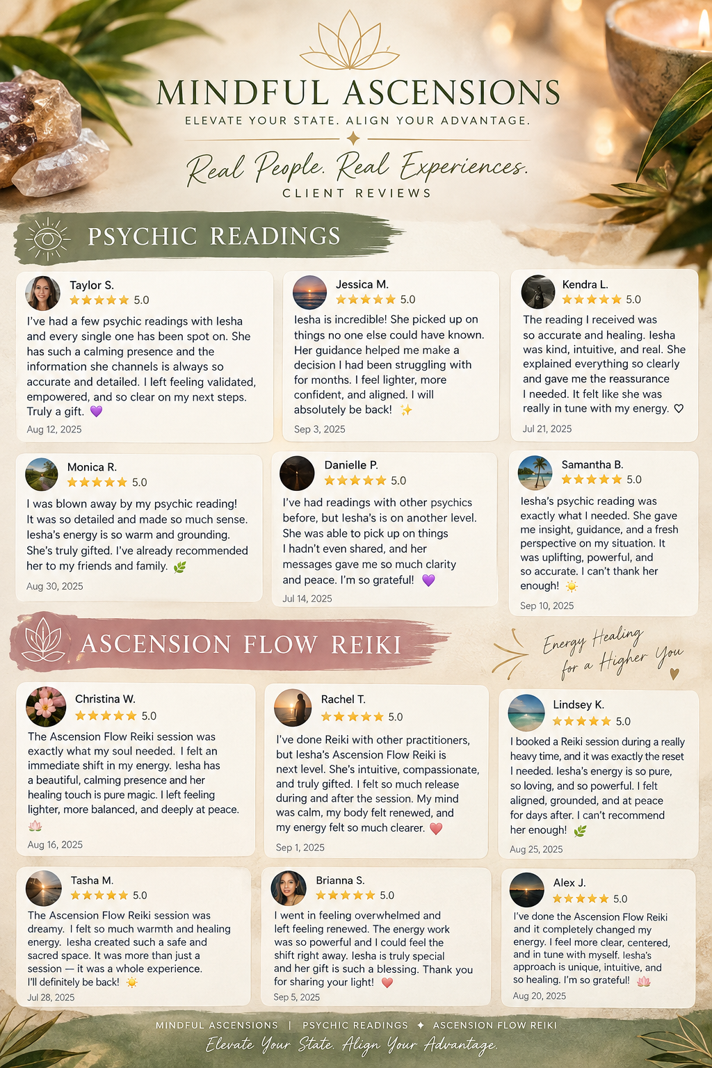 Five-star client reviews for psychic readings and Ascension Flow Reiki