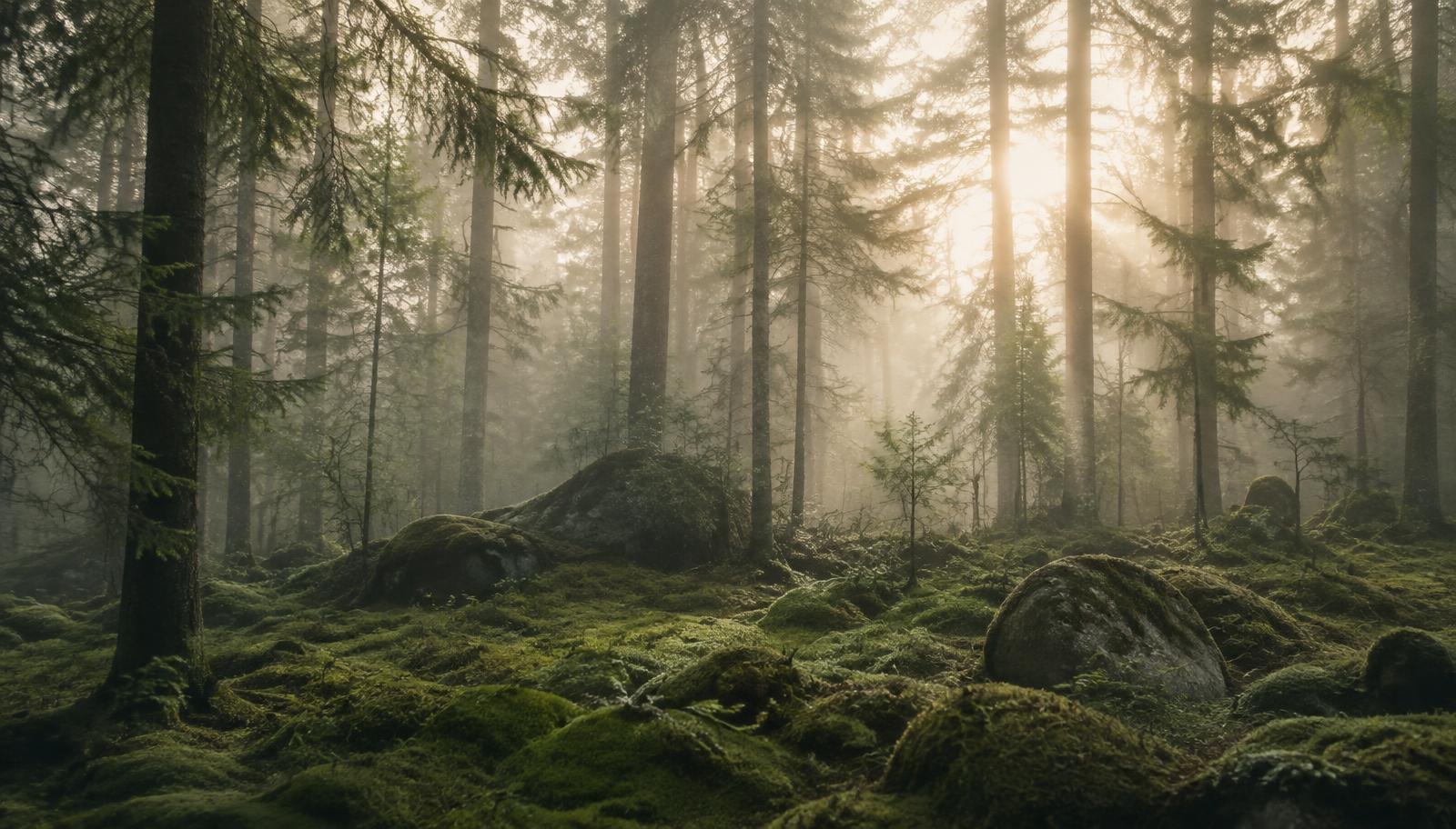 Misty moss forest at dawn