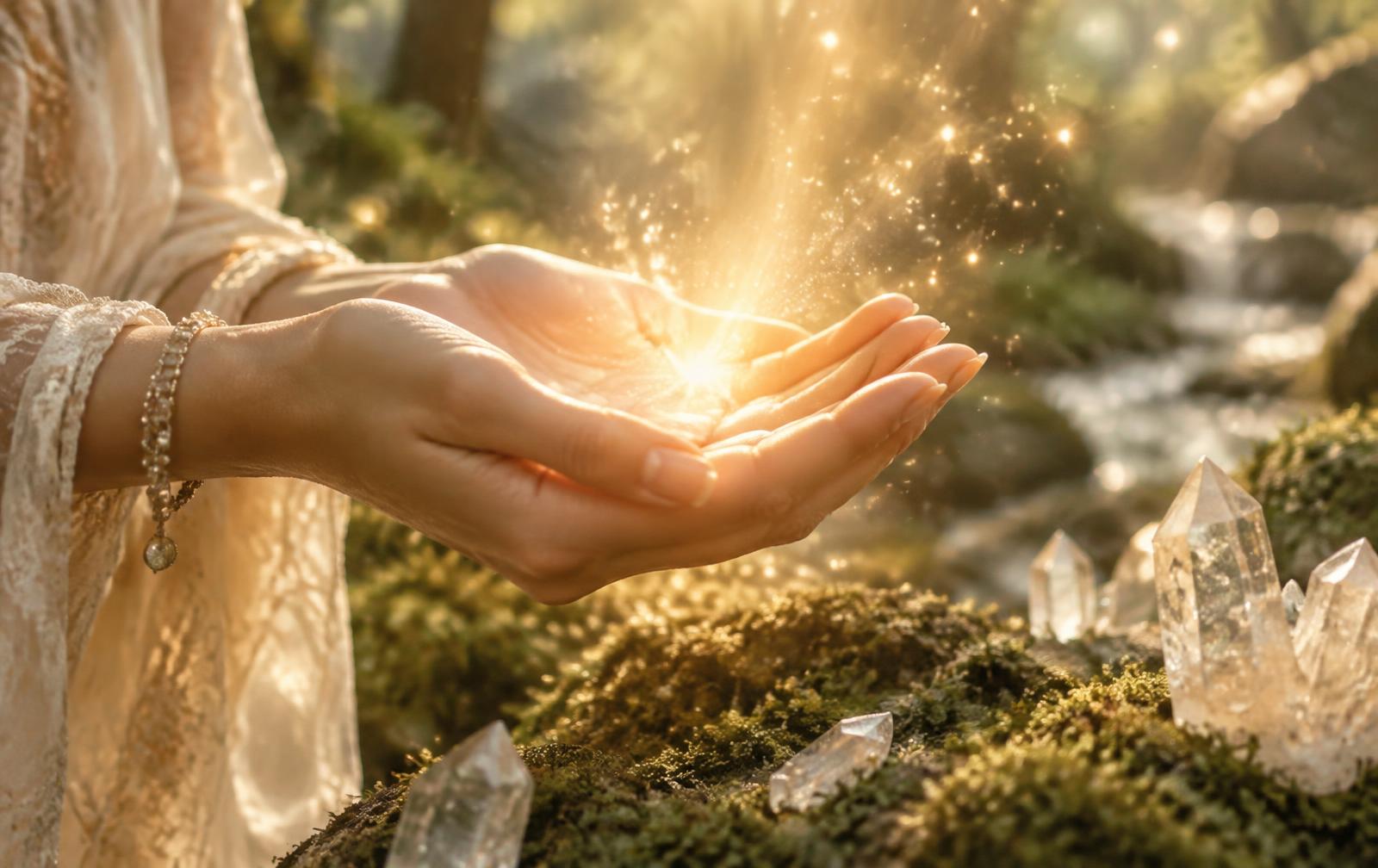 Open palms with golden Reiki light flowing through them beside crystals
